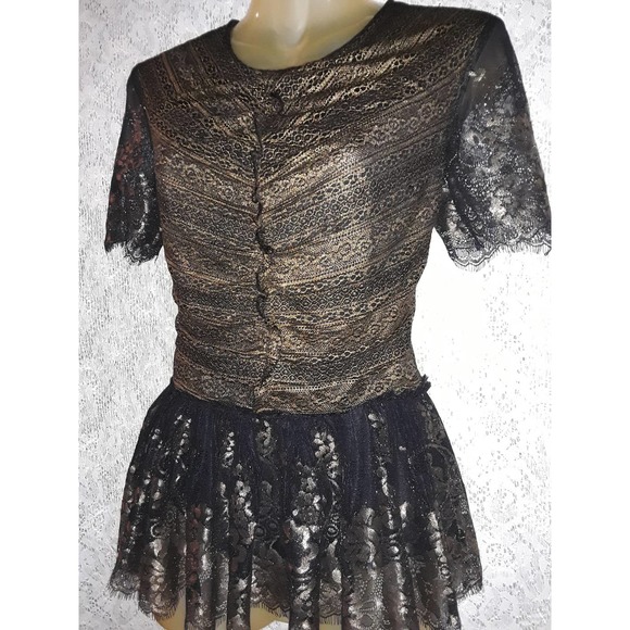 MARCHESA Sz 4 Black & Gold Metallic Ruffled Peplum Top - Picture 2 of 9